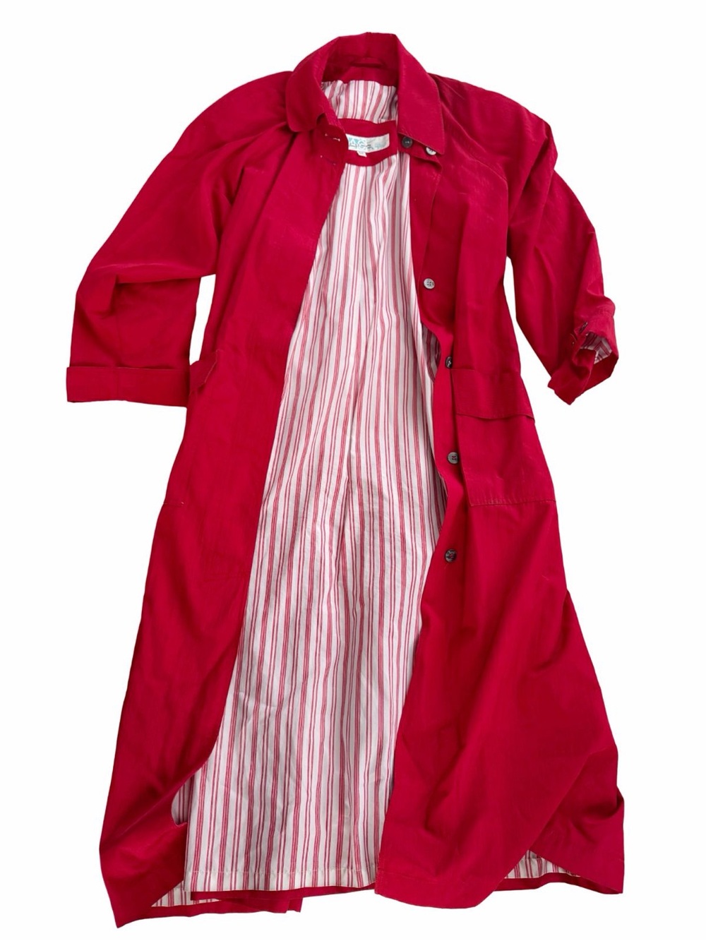 Vintage 90s Vibrant Red Longline Trench Coat Striped Lining Size 5/6